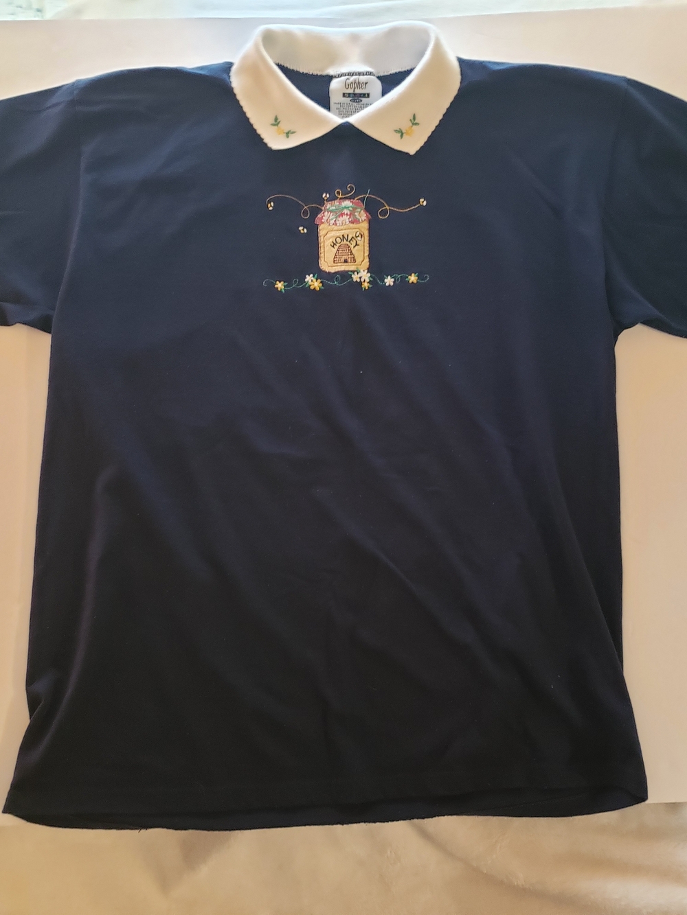 Vintage Cottagecore Honey Bee Embroidery Polo Top Navy Blue XL USA Made